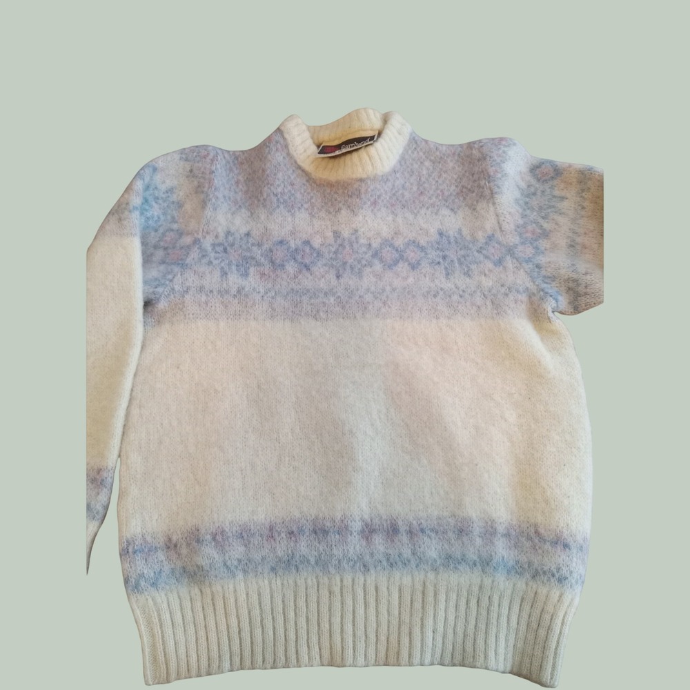 Samband of Iceland Vintage 100% Pure New Wool Fair Isle Sweater Cream Pastel XS